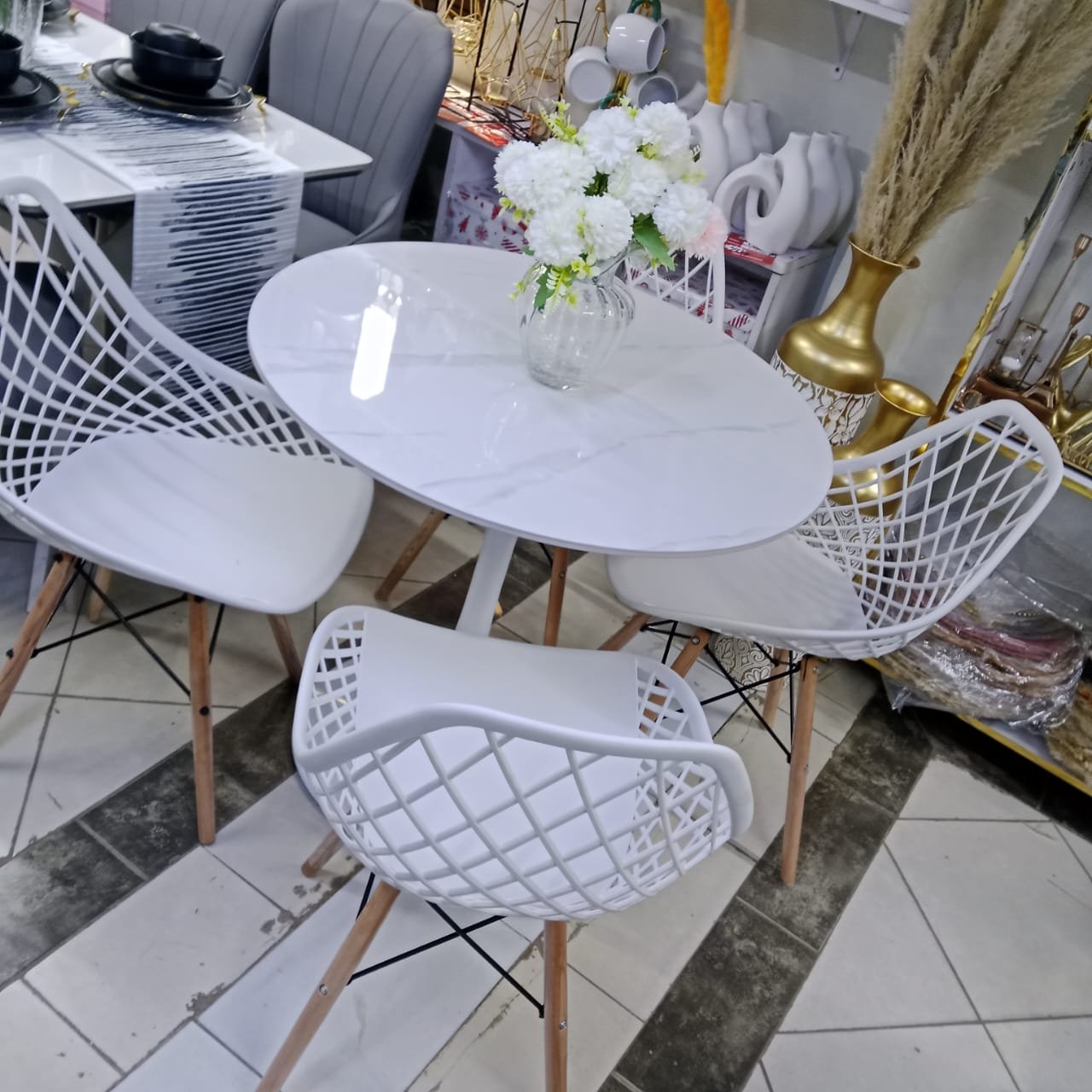Modern White Oval Dining Table Set With 4 Designer Chairs